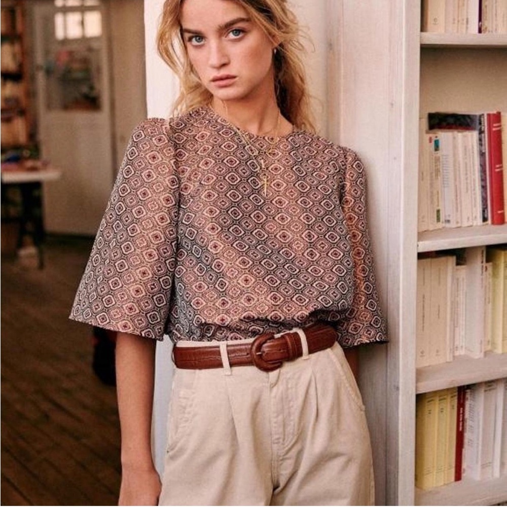 Sezane Diamond Patterned Blouse in Brown and Cream